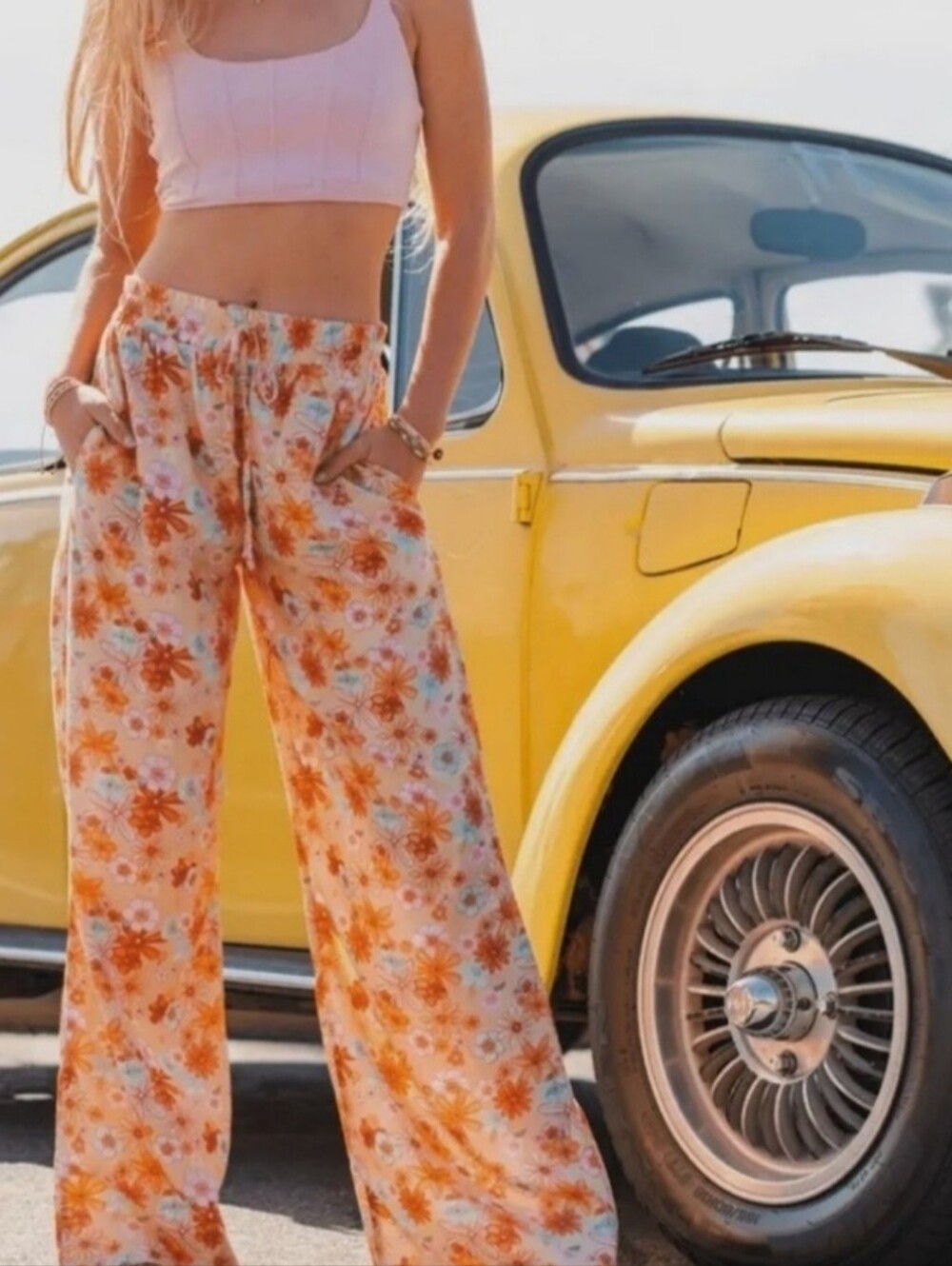 Lotus And Luna Handmade Floral Wide-Leg Lounge Pants Peach Orange Summer Boho S - Picture 2 of 12